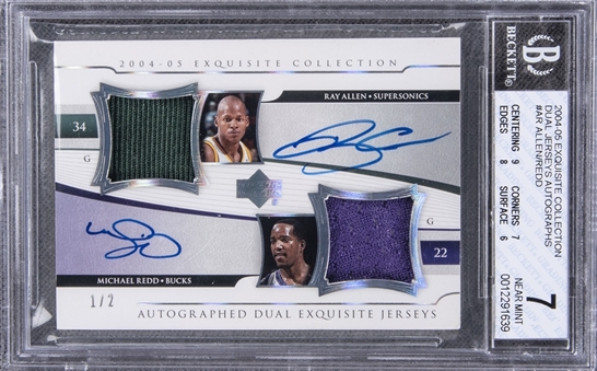 2004-05 UD "Exquisite Collection" Dual Jerseys Autographs #AR Ray Allen/Michael Redd Dual Signed Game Used Patch Card (#1/2) – BGS NM 7/BGS 10